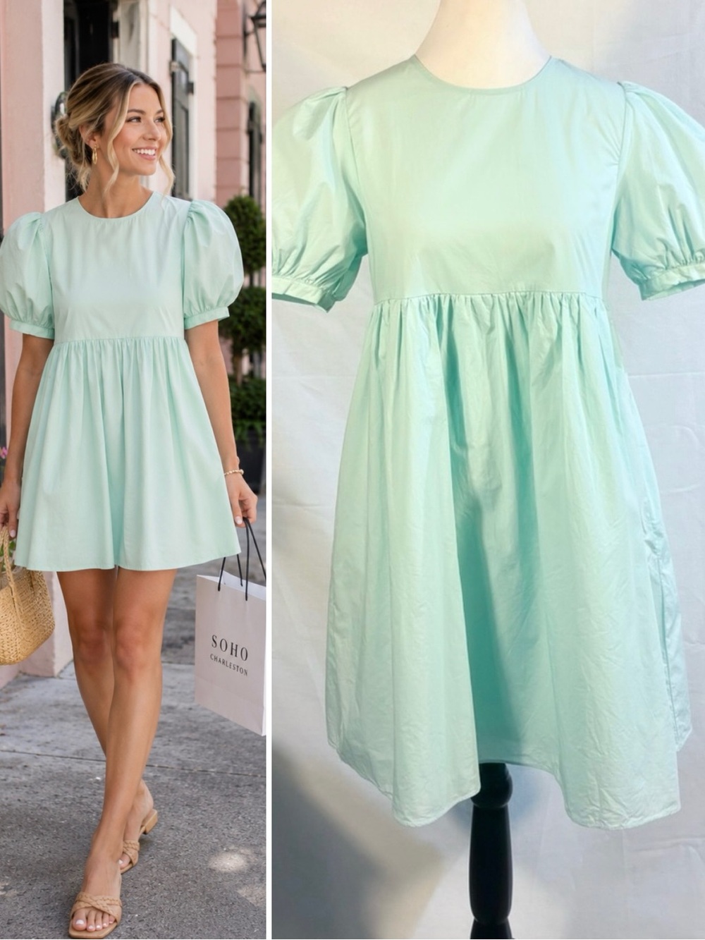 English Factory Mint Green Puff Sleeve Babydoll Poplin Mini Dress Size Small 🧡